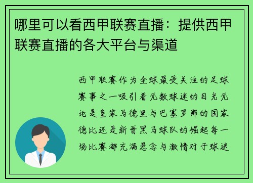 哪里可以看西甲联赛直播：提供西甲联赛直播的各大平台与渠道