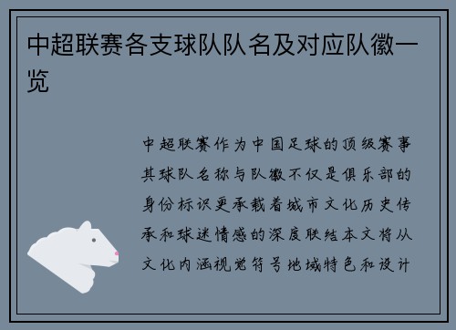中超联赛各支球队队名及对应队徽一览